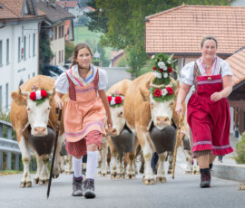 En costume traditionnel à travers le village, désalpe à Vaulruz